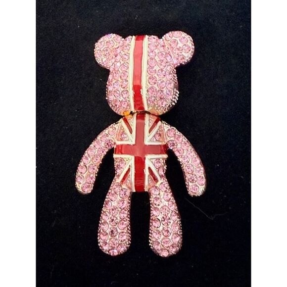 Pink Teddy Bear Crystal Brooch Britain Flag Pendant - Picture 1 of 3